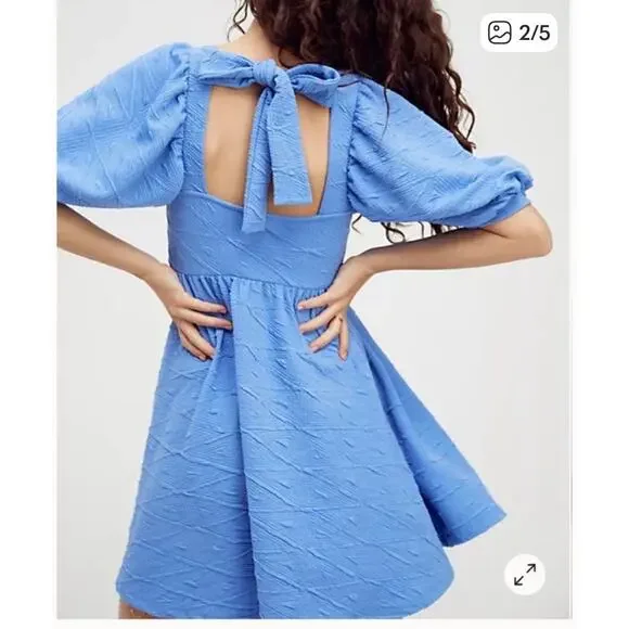 Free People Violet Mini Dress Size Large Sky Blue Puff Sleeve Babydoll Coquette - Picture 14 of 14